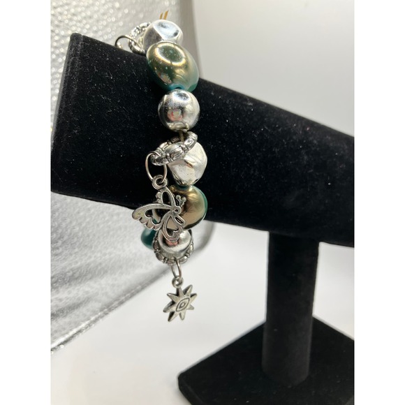 Turquoise & Silver-Tone Beaded Charm Homemade 4.75 Inch Around Bracelet! - Picture 3 of 6